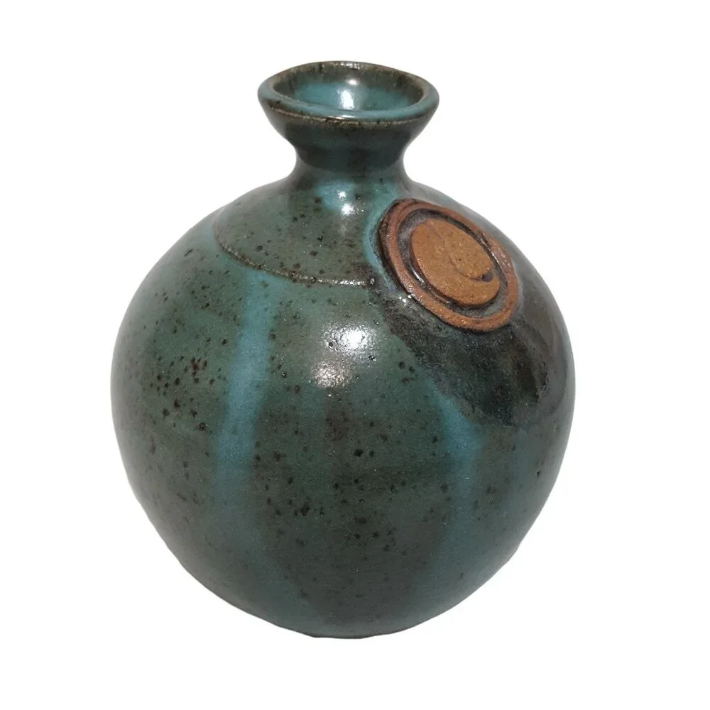 Signed Studio Pottery‎ Bud Vase Teal Green Speckled Glaze Artisan Stoneware